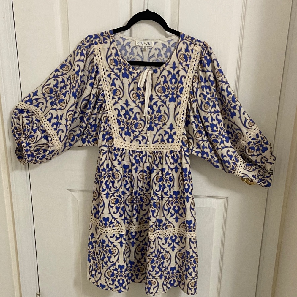 Blue and Cream 1/4” Puff Sleeve Boutique Dress